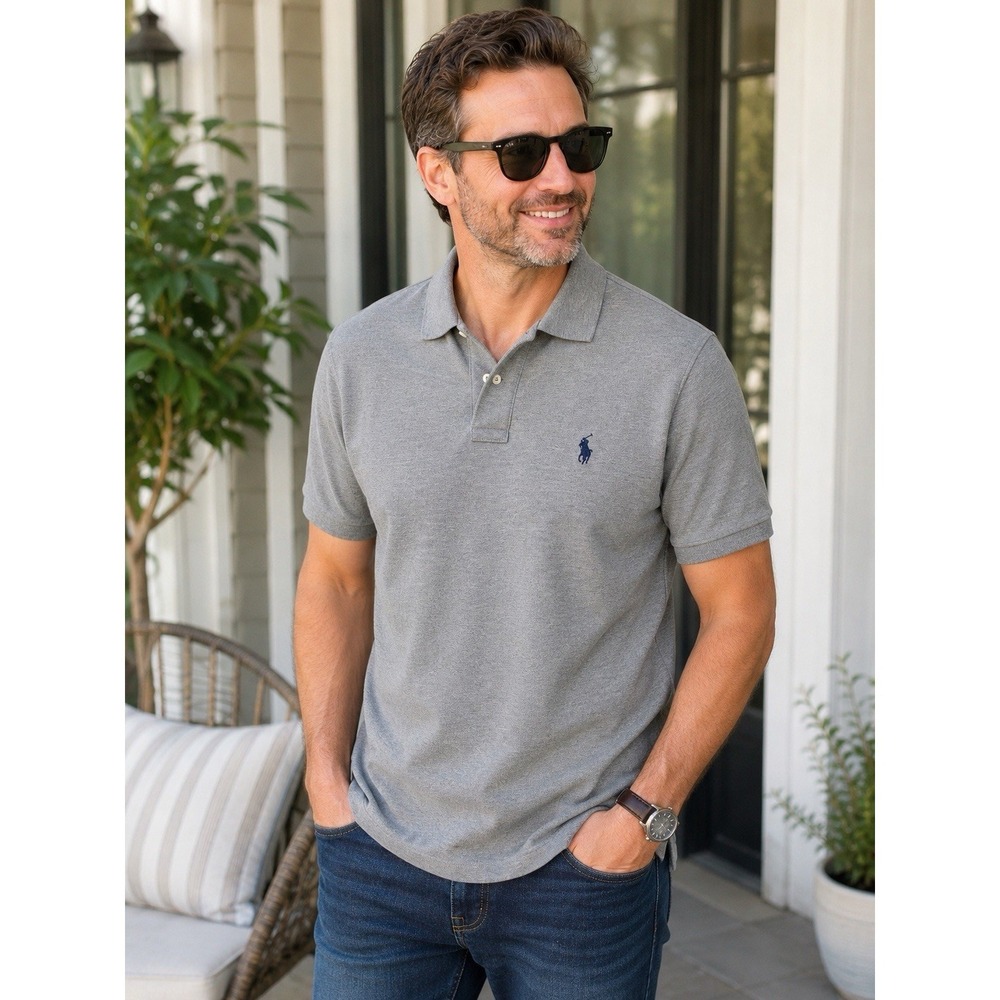 Polo Ralph Lauren Custom Fit Polo Shirt Mens L Gray Short Sleeve Pony Logo